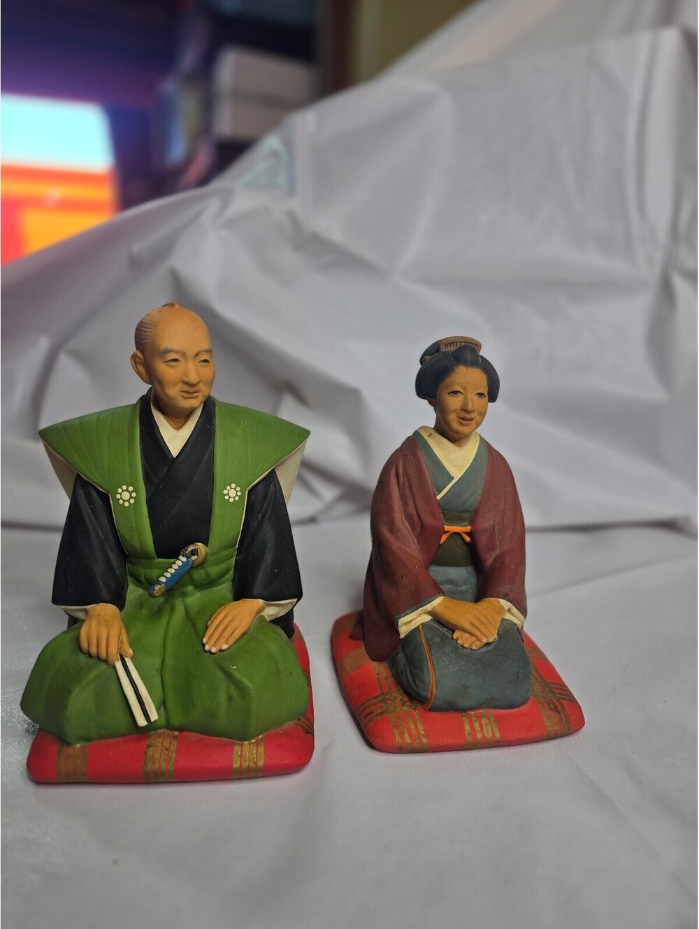 Vintage Hakata Urasaki Japanese Ceramic Figurines of Man and Woman